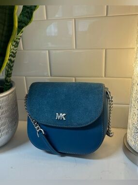 Michael Kors Teal Suede & Leather Crossbody Bag Silver Chain Strap